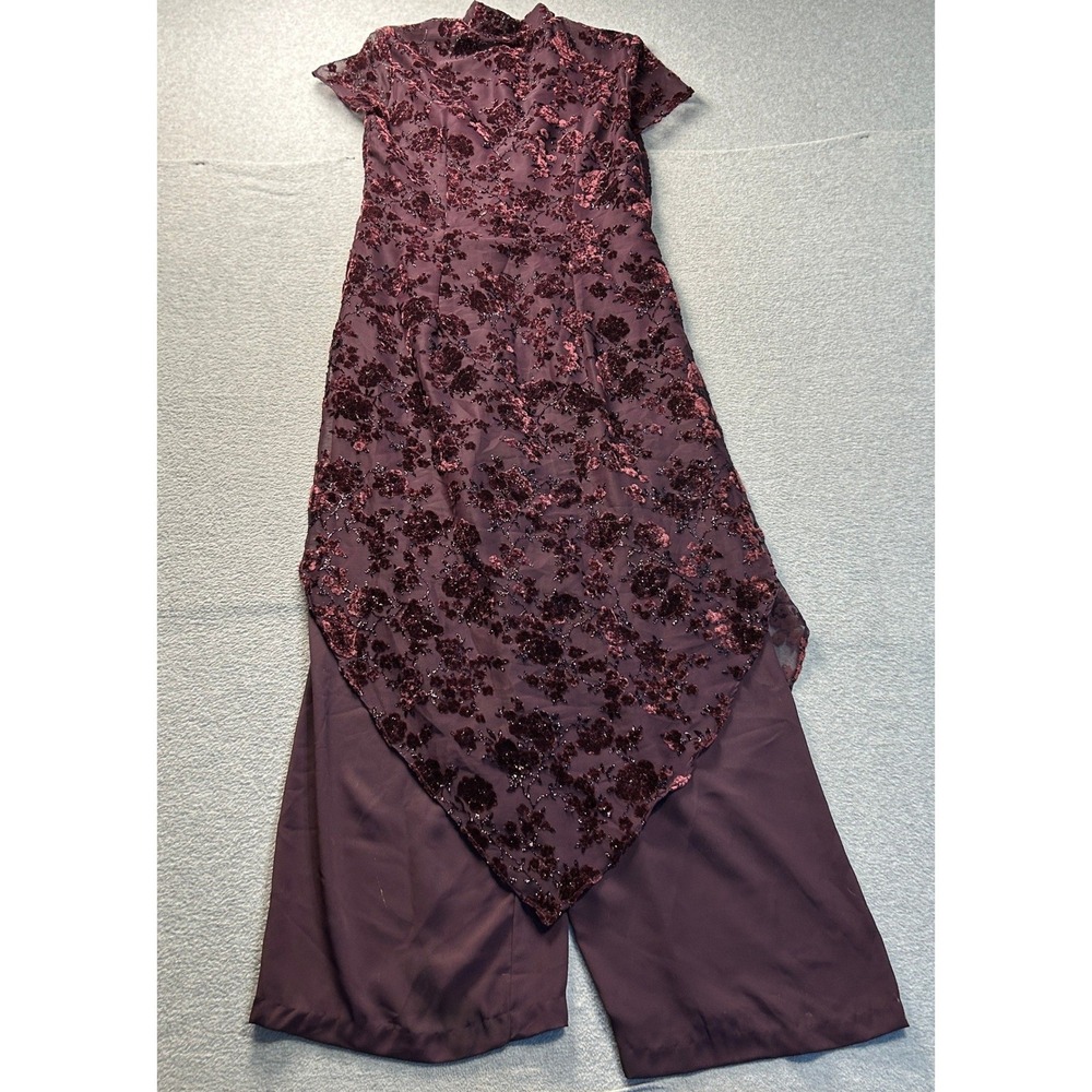 CDC Evening Wide Leg Formal Jumpsuit Womens Size‎ 4 Plum Velvet Burnout Overlay